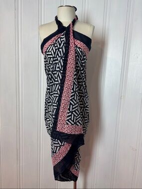 Oversized Cotton Sarong / Scarf | Navy, Red & White Geometric Print | 70” x 45”